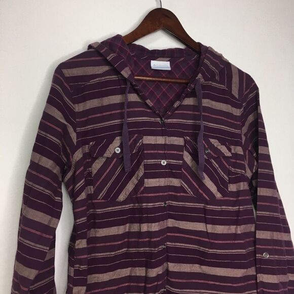 Columbia Striped Hooded Button Down Long Sleeve Shirt Sz S - Picture 3 of 14